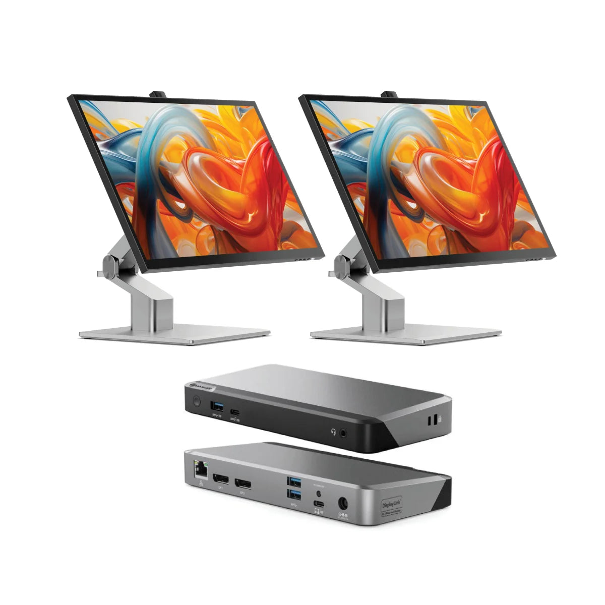 Clarity Fold Touch 27" 4K UHD Monitor with 65W Power Delivery, Webcam, Touchscreen & Fold Stand (Pack of 2) + DX2 Dual 4K Display Universal Docking Station - with 65W Power Delivery