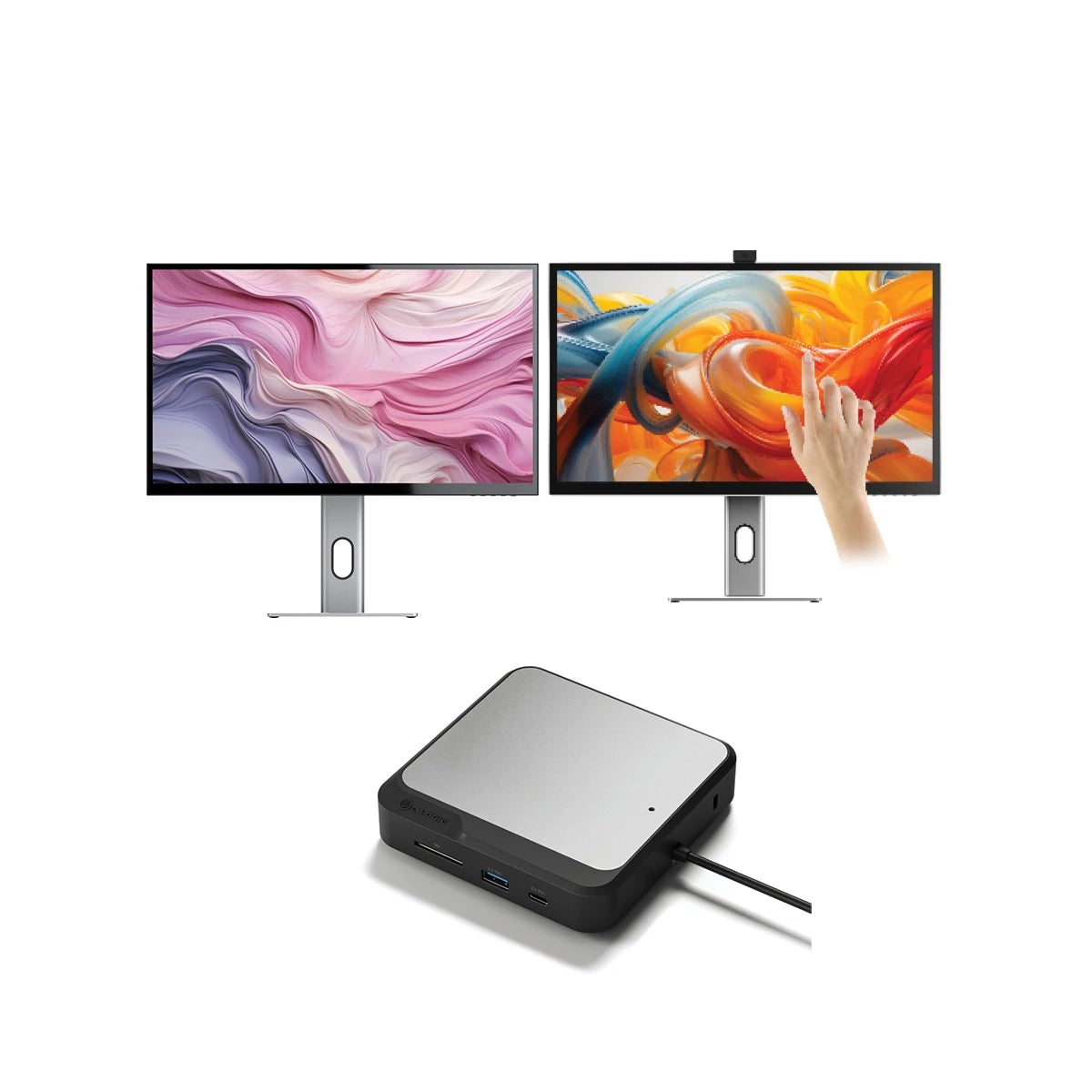 CLARITY 27" UHD 4K Monitor + Clarity Pro Touch 27" UHD 4K Monitor with 65W PD, Webcam and Touchscreen + Dual 4K Universal Docking Station _ DisplayPort Edition