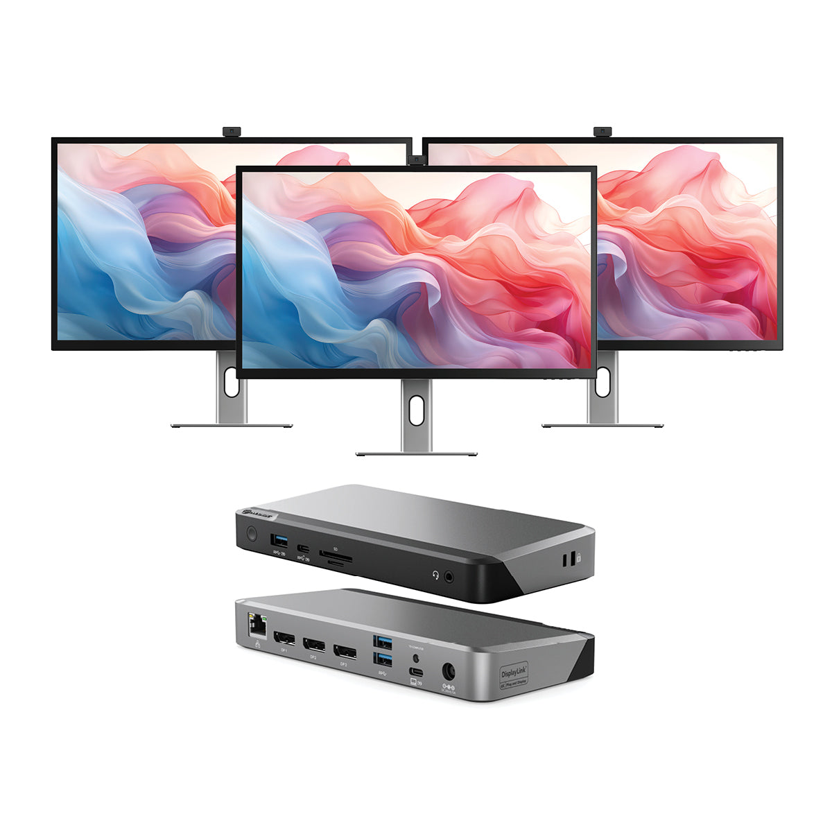 Clarity Max Touch 32" UHD 4K Monitor with USB-C Power Delivery, Webcam and Touch Screen (Pack of 3) + DX3 Triple 4K Display Universal Docking Station - with 100W Power Delivery