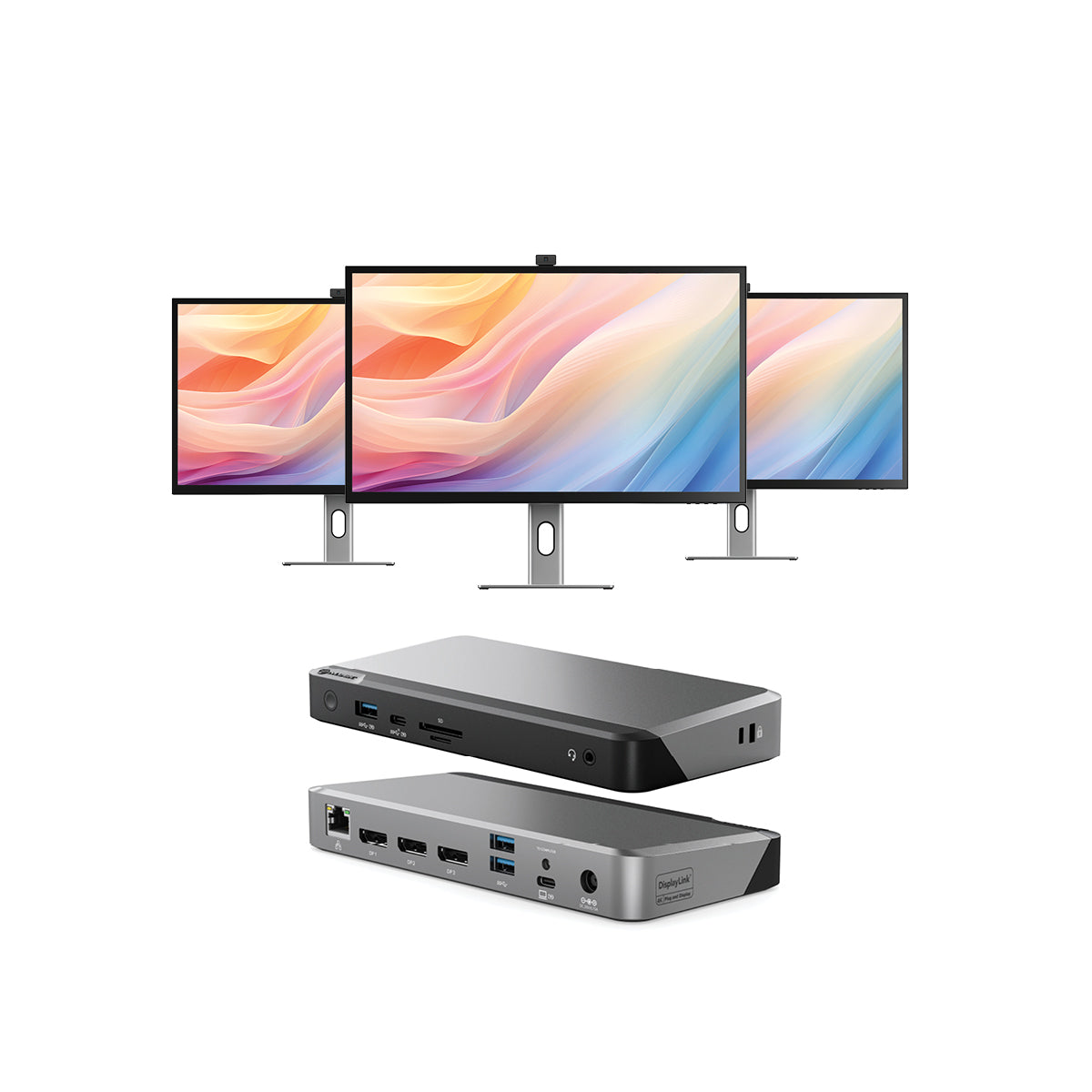 Clarity Max Pro 32" UHD 4K Monitor with USB-C Power Delivery and Webcam  (Pack of 3) + DX3 Triple 4K Display Universal Docking Station - with 100W Power Delivery